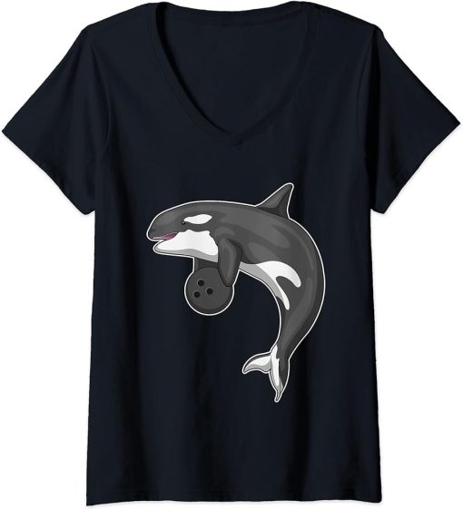 Womens Orca Bowling Bowling ball Sports V-Neck T-Shirt