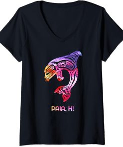 Womens Tribal Paia Orca Killer Whale Indigenous Native V-Neck T-Shirt