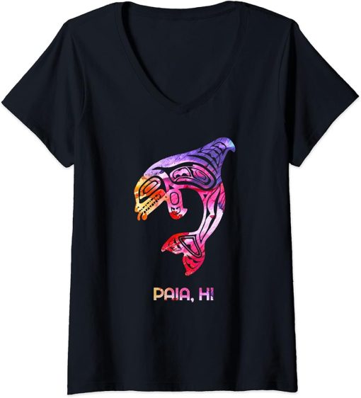 Womens Tribal Paia Orca Killer Whale Indigenous Native V-Neck T-Shirt